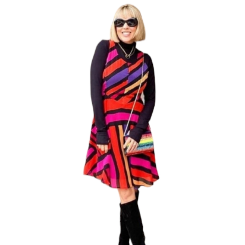 NWOT CAbi pink orange purple & black color block fete dress Womens Small - Picture 3 of 8